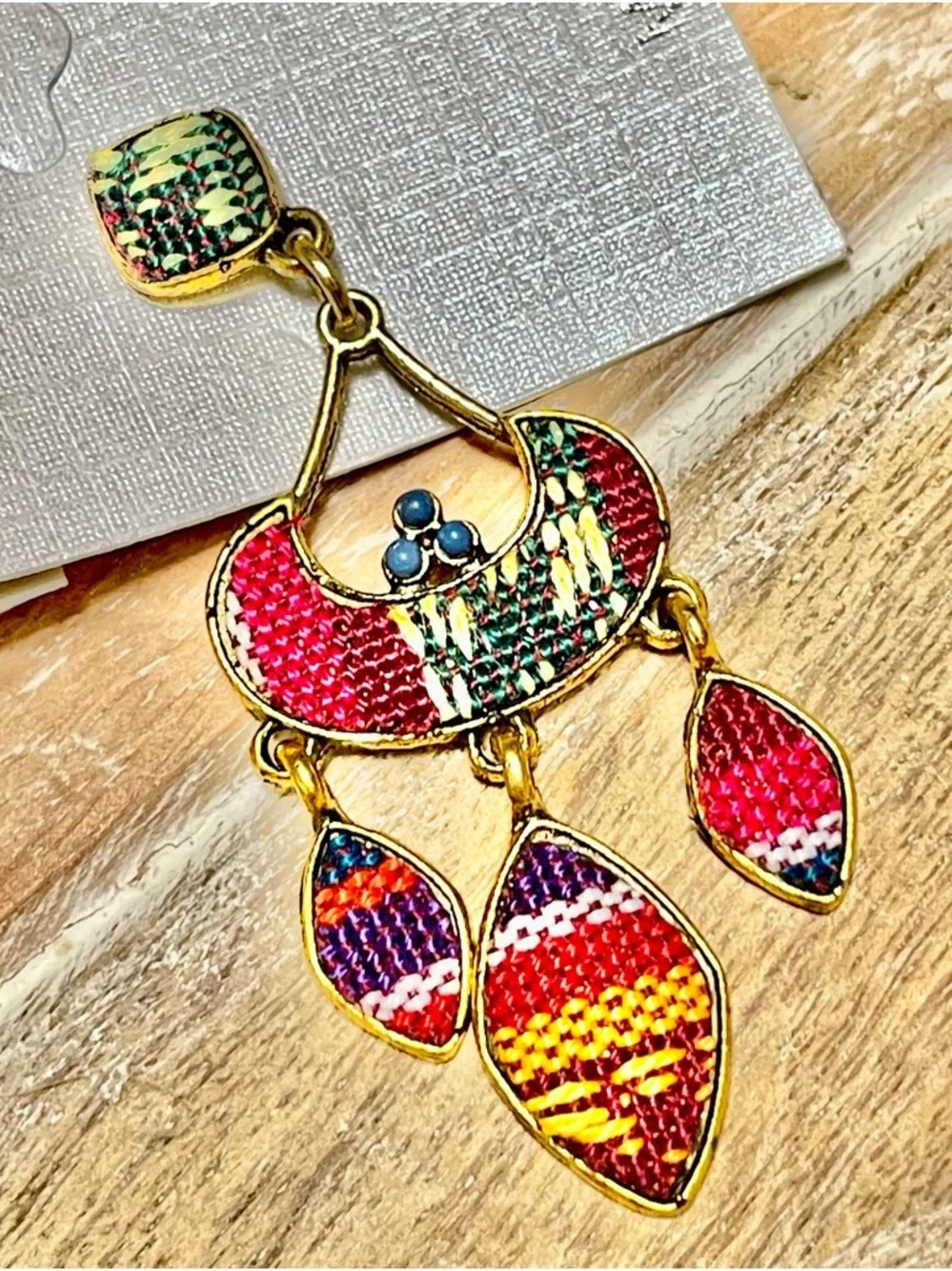 Boho Multicolor Embroidered Needlepoint Drop Earrings - Red, Yellow Gold